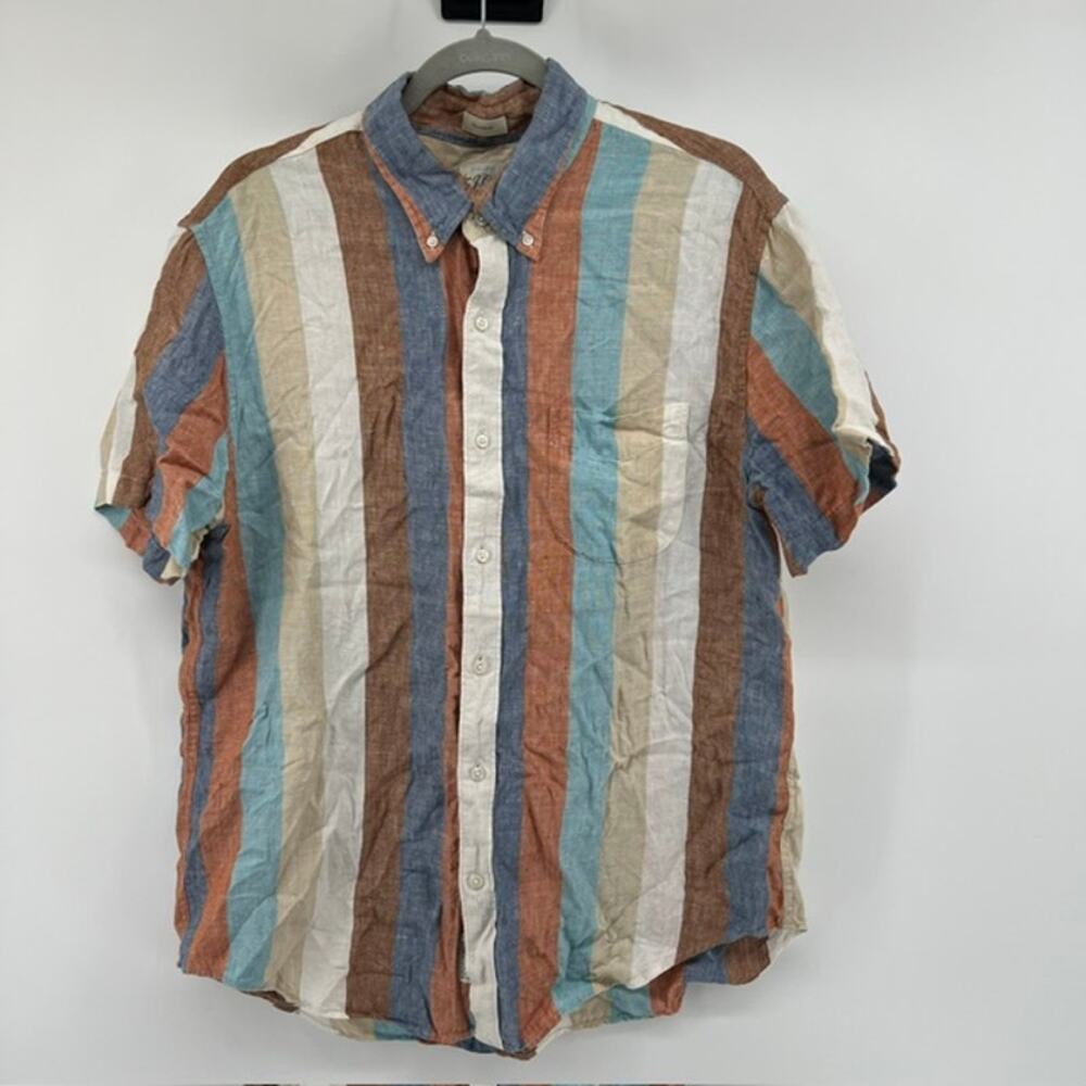 J Crew Baird McNutt 100% Linen Button Up Short Sleeve Shirt Mens L Multi Striped